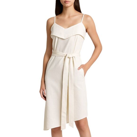 Colovos Size 4 RTR Designer Cream Midi Dress Asymmetrical Hem Side Zip Belted - Picture 1 of 16